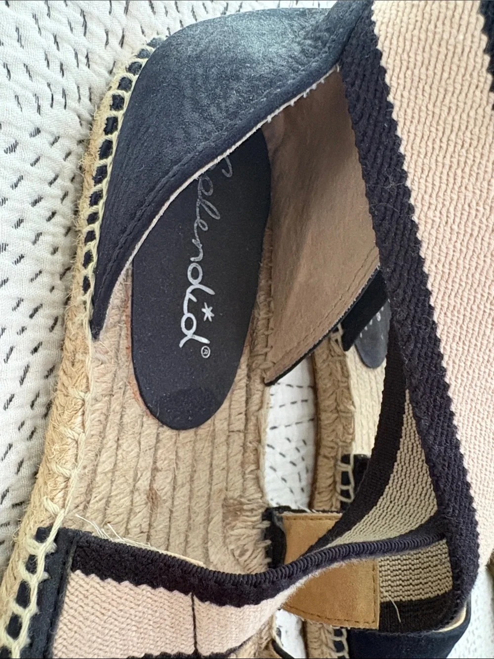 Splendid navy Espadrille Sandals with Beige and Black Striped Ankle Bands